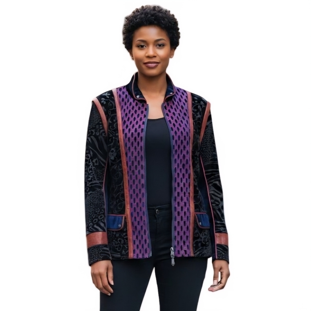Anac Mixed Media Art To Wear Full Zip velvet Burnout Jacket Mock Neck Size M